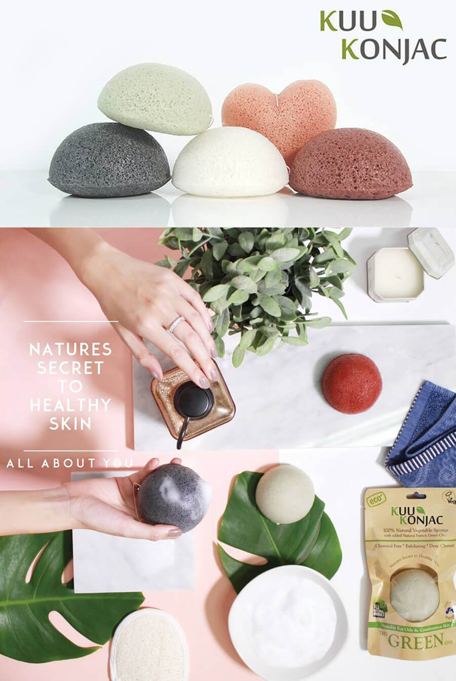 Kuu Konjac,Sponge With French Green Clay,ฟองน้ำ,ใยบุก,ธรรมชาติ,สำหรับทุกสภาพผิว,ผิวกาย,สูตรโคลนเขียว